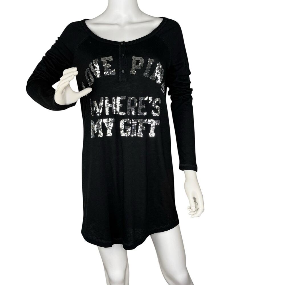 Vintage Y2K PINK Victorias Secret Sleep Shirt Dress Henley Bling Black Sz S